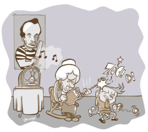 Ilustración infantil sobre abuelos y nietos, por Jorge Flores, Blumpi