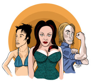 Retrato de Charlotte Gainsbourg, Alaska y Virginia Despentes, por Jorge Flores, Blumpi.